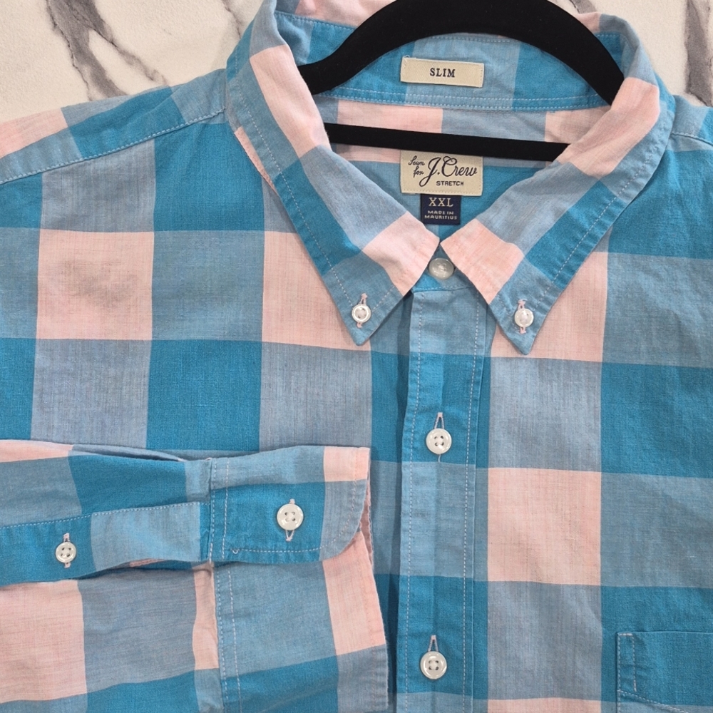 J. Crew Slim Secret Wash Long Sleeve Button Down Shirt, XXL Blue & Pink